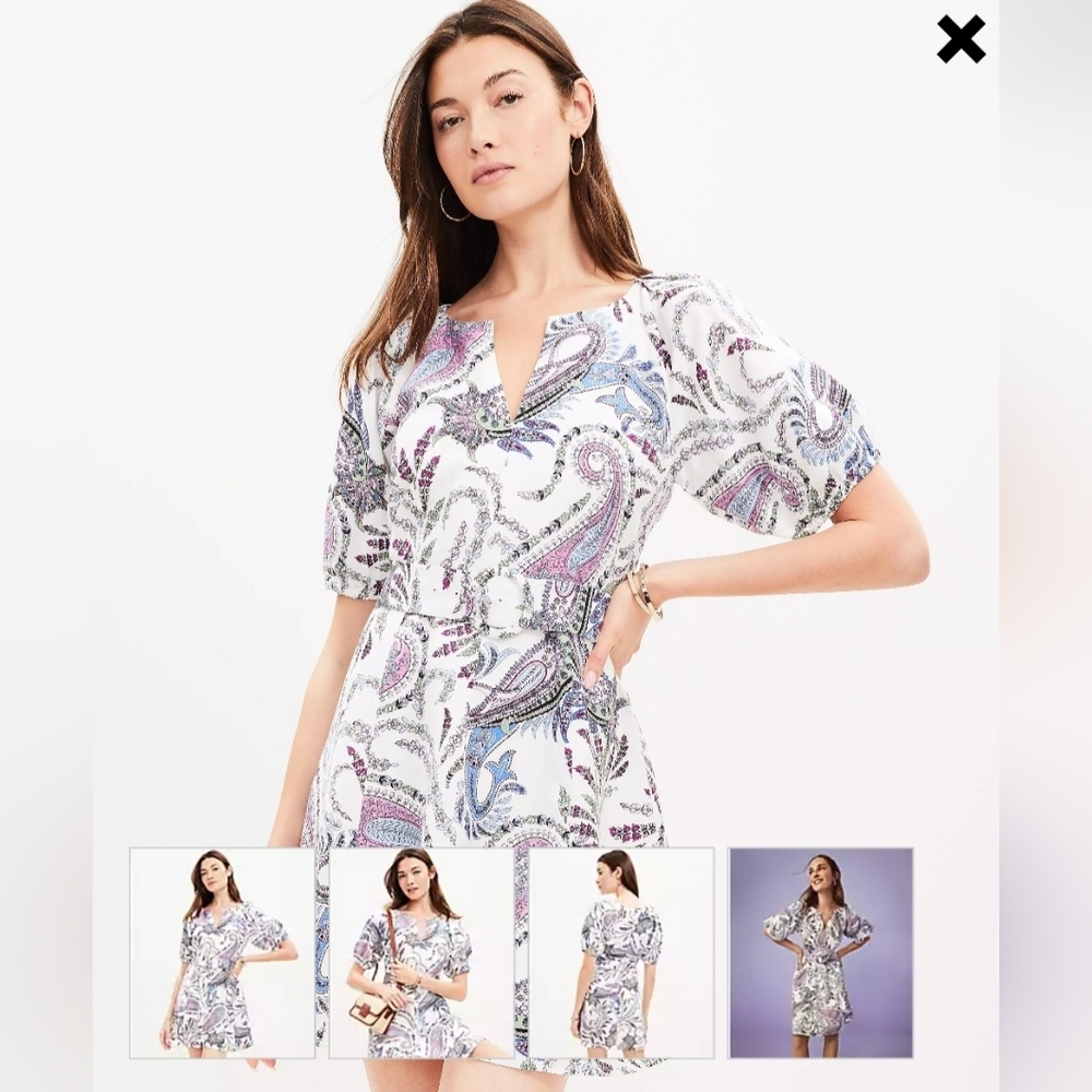 LOFT Paisley Linen Blend Belted Puff Sleeve Dress Size 6